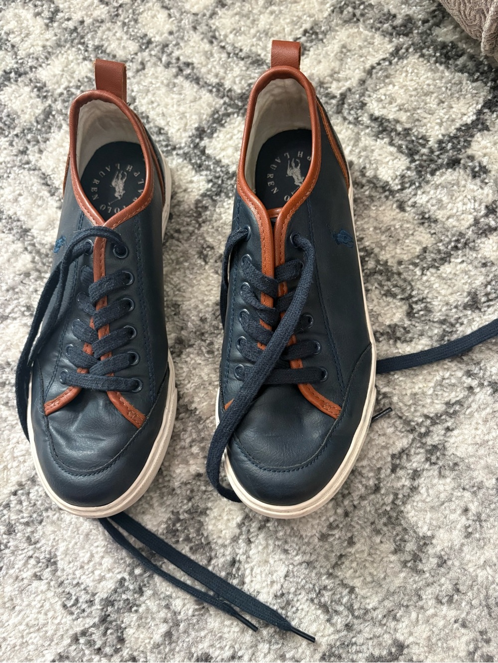 Ralph Lauren Navy Leather Sneakers with Brown Trim
